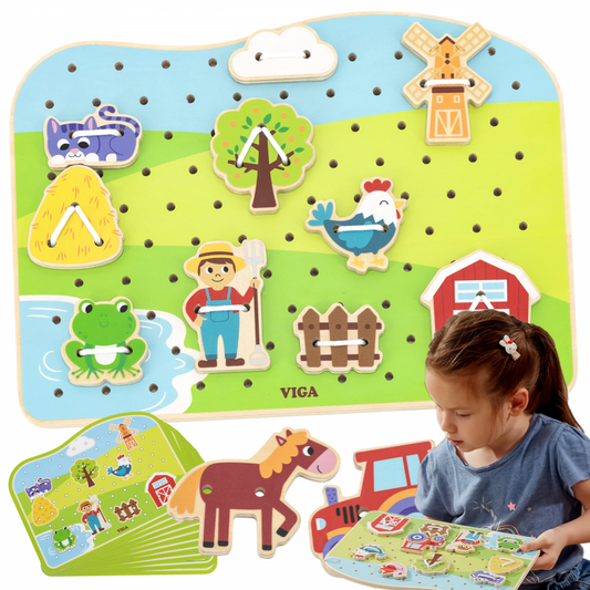 Šūšanas aktivitāte uz koka dēļa ar kartiņām Fermas tematikā