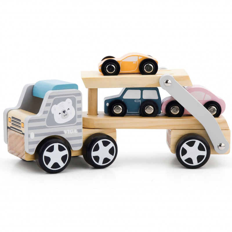 Koka rotaļlieta Auto pārvadātājs ar piekabi