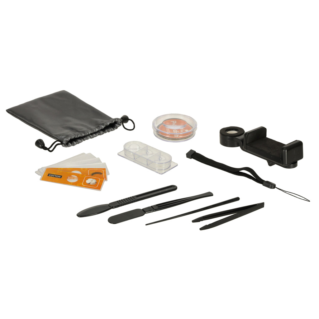 Kabatas mikroskops 100–250x ar statīvu un paraugiem