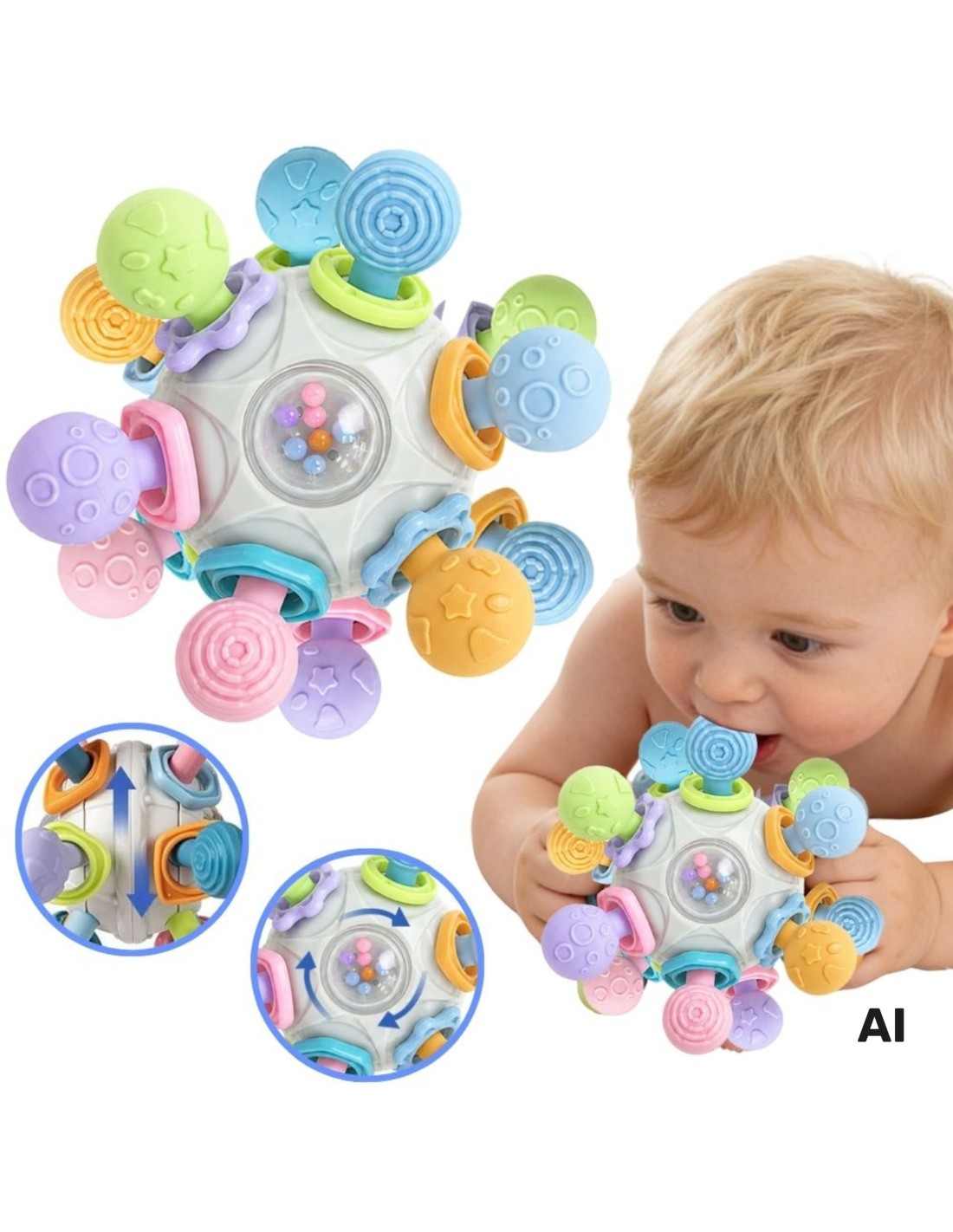 Sensorā bumba–zobgrauzis 3in1 pasteļtoņos