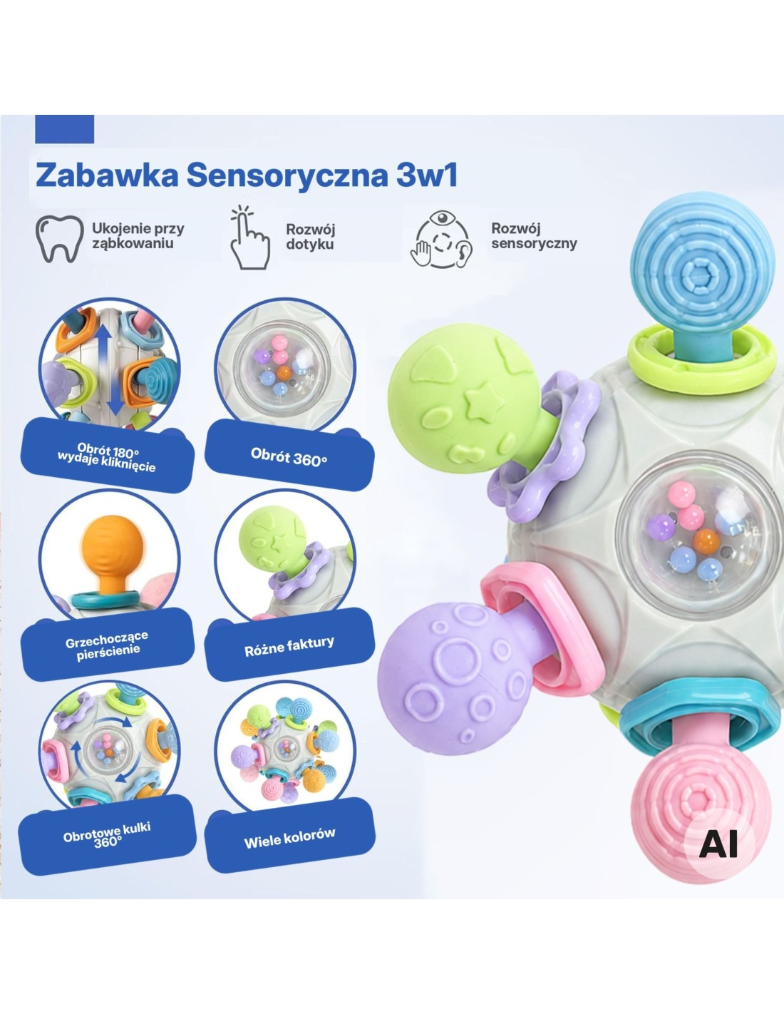 Sensorā bumba–zobgrauzis 3in1 pasteļtoņos