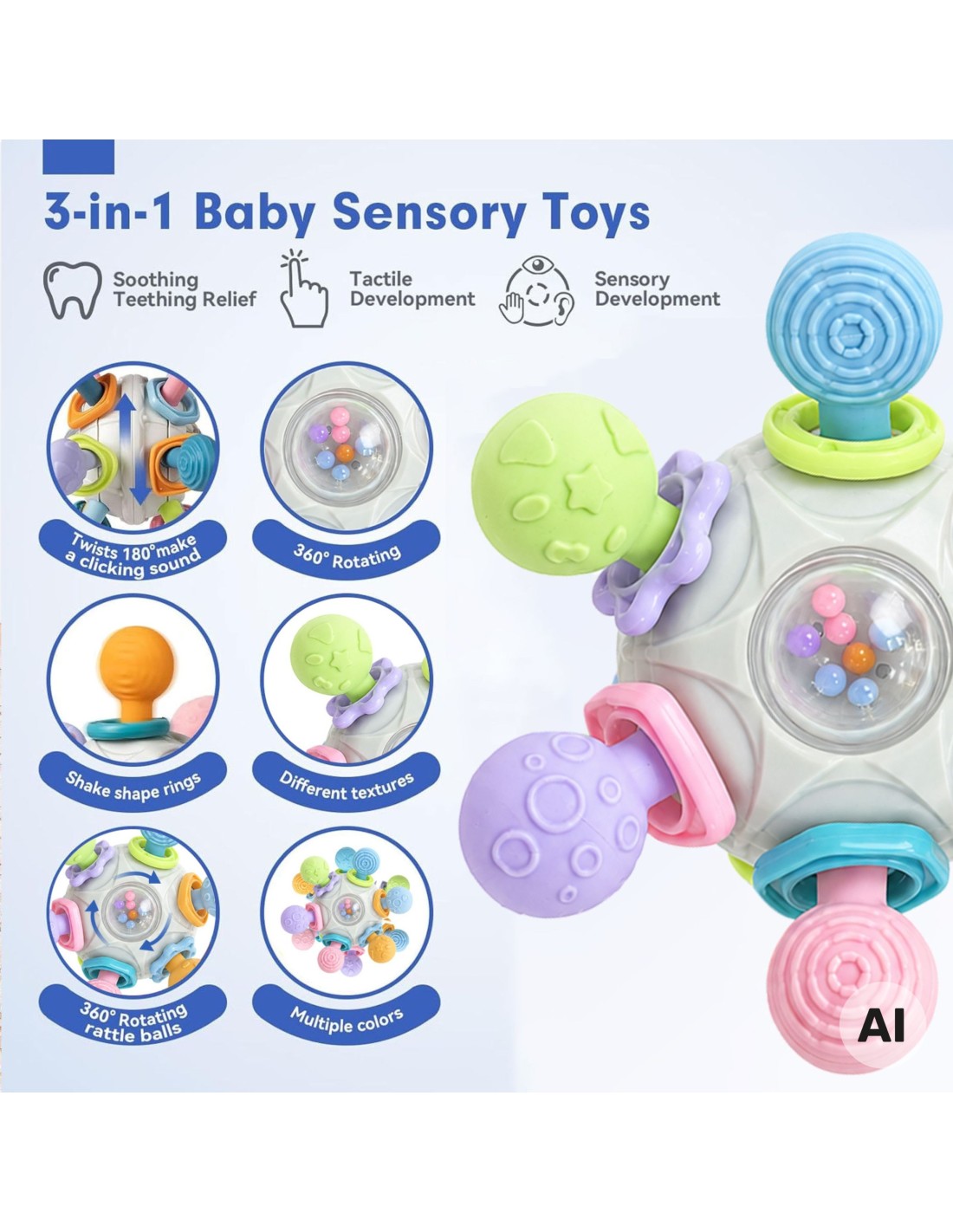Sensorā bumba–zobgrauzis 3in1 pasteļtoņos