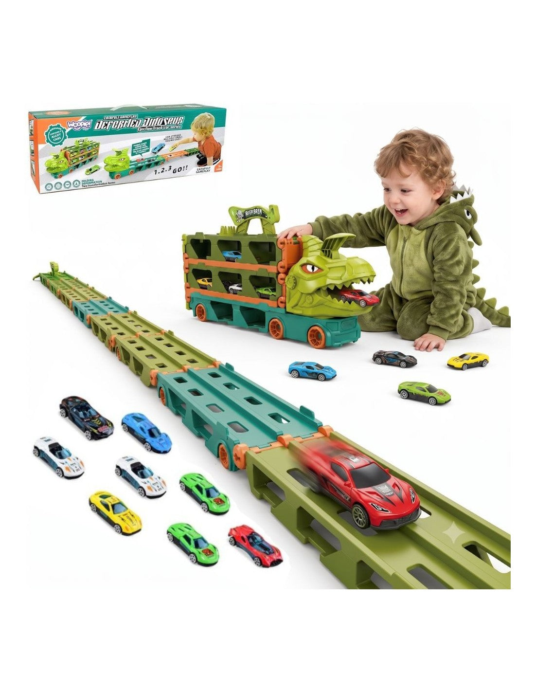 Kravas auto + 2 m izlokāma auto trase, Dinozauru tematikā